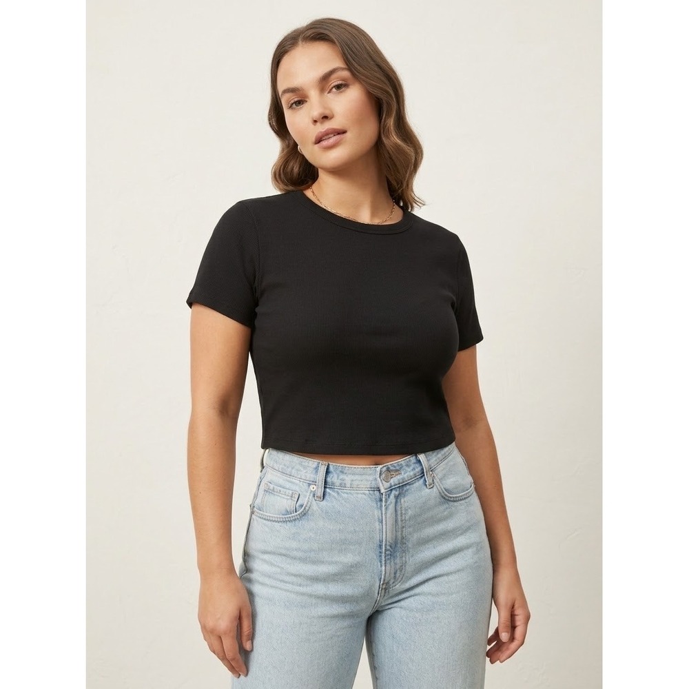 Everlane The 90s Rib Tee Black Short Sleeve Cropped Crew Neck T-Shirt XL NWT